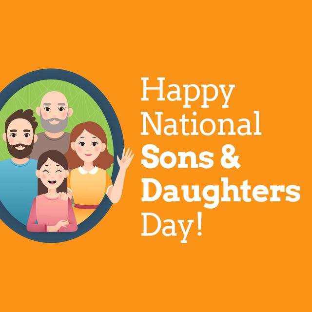 Vector image of family with happy national sons and daughters day text on orange background. Copy space, illustration, celebration, family, togetherness, love, enjoyment.