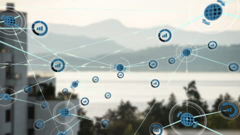 Animation of Digital Network Icons Amid Cityscape