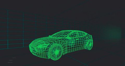 Neon Green Wireframe Sedan Rotating in 3D Grid Visualization for Automotive Design Concept
