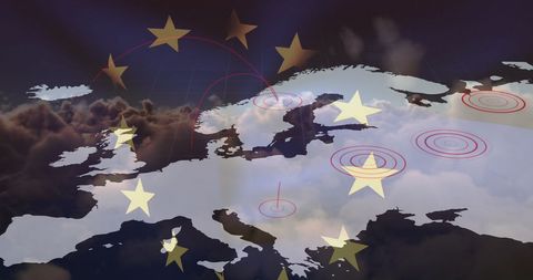 European Union Flag and Map Overlay with Cloud Sky Background