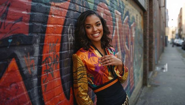 Smiling woman in colorful attire posing against graffiti wall
