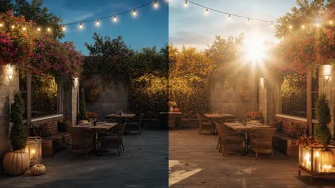 Transition from Dawn to Dusk on a Tranquil Walled Patio with Seating
