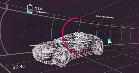 Futuristic wireframe car navigation with digital interface elements