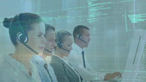 Customer Support Team Working with Headsets and Digital Interface