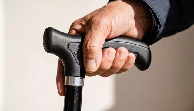Senior hand gripping ergonomic t-handle walking cane with metal collar and textured grip