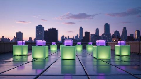 Futuristic cube lights illuminating urban rooftop at dusk