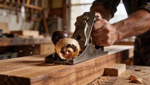 Planing hardwood plank with vintage metal hand plane producing curled shavings