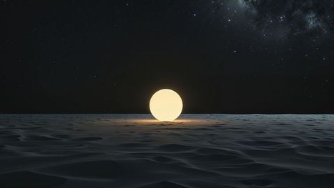 Glowing Orb Illuminates Rippled Sand Dunes Under Starry Sky