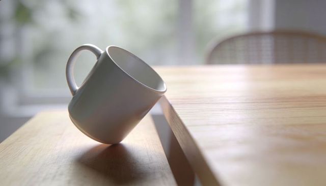 Tilting White Ceramic Mug Balancing on Table Edge with Soft Sunlit Minimalism