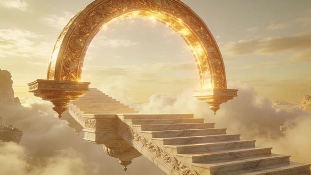 Gilded arch and floating marble staircase rising through ethereal cloudscape