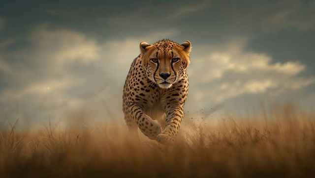 Cheetah Sprinting Across Savanna Under Cloudy Sky
