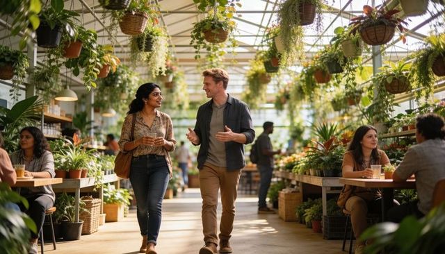 Couple strolling and chatting through sunlit greenhouse cafe surrounded by hanging plants