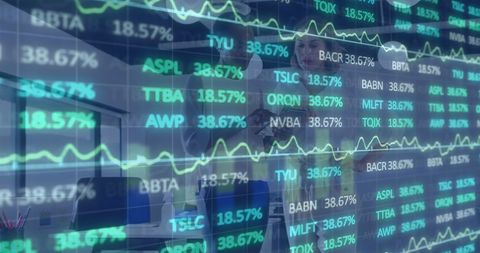 Financial Data Overlaying Diverse Female Coworkers in Office