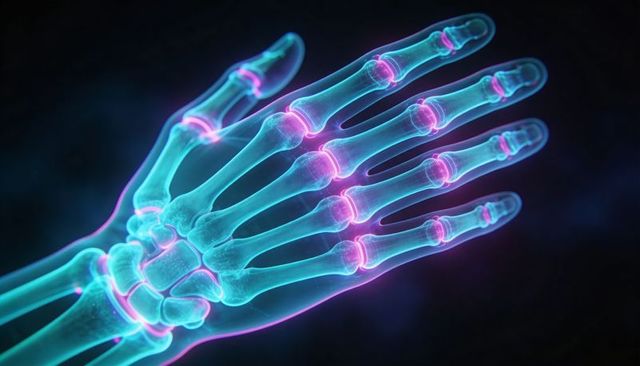Rotating neon hand skeleton showing phalanges and glowing joints for medical visualization