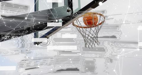 Scoring basketball through hoop with futuristic data overlay and motion