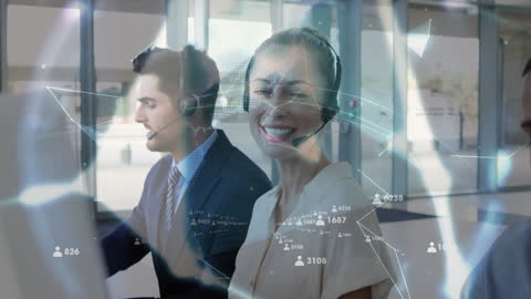 Businesswoman in Call Center with Digital Data Processing Overlay