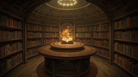 Enchanted Book with Fiery Aura in Mystical Library Rotunda
