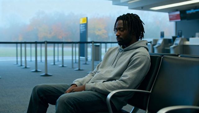 Young man with dreadlocks waiting at empty airport gate wearing grey hoodie and jeans
