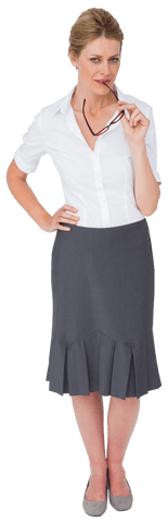 Caucasian Businesswoman Holding Eyeglasses on Transparent Background