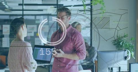 Modern business meeting with interactive transparent display