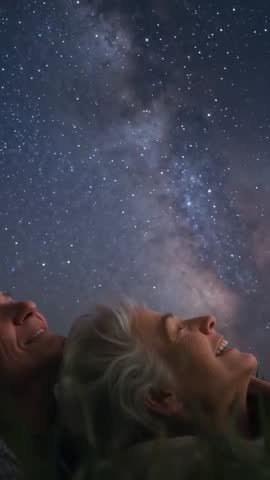 Senior couple stargazing and laughing while lying on meadow under Milky Way vertical video