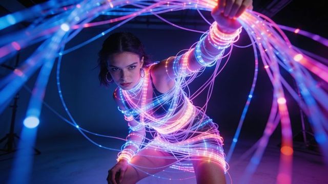 Neon fiber-optic model reaching through luminous loop wrapped in glowing led strands