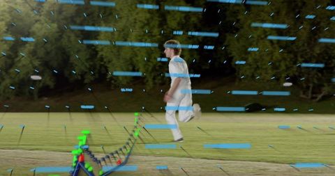 Male athlete running with motion sensors and ar overlays on night sports field