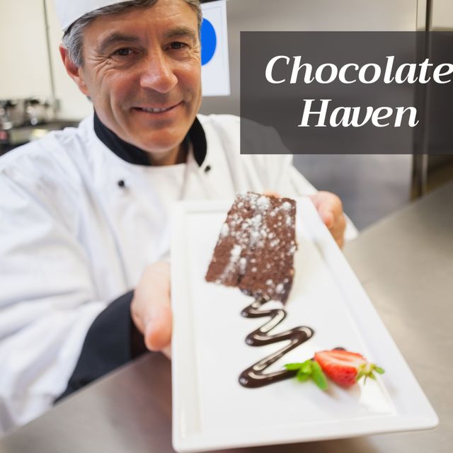 Mature Chef Presenting Chocolate Dessert in Professional Kitchen - Download Free Stock Templates Pikwizard.com