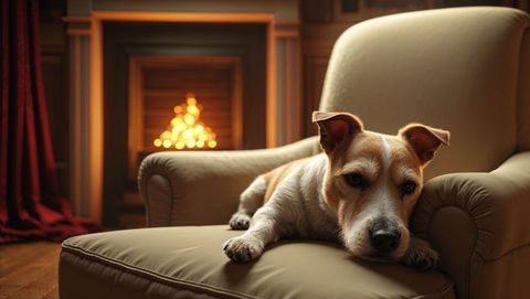 Cozy terrier dog resting on leather chair near fireplace