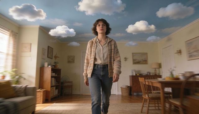 Young woman walking through cozy sunlit living room with whimsical cloud-painted ceiling