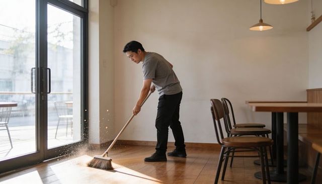 Asian man sweeping sunlit wooden cafe floor with broom, staff cleaning routine and prep