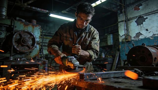 Grinding metal with angle grinder producing dramatic sparks in industrial workshop