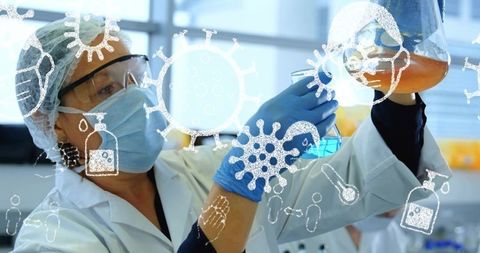 Female scientist wearing ppe analyzing colored flasks in lab with virus icon overlay for virology re