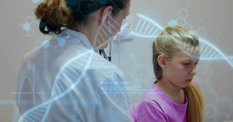 Clinician examining young girl in pediatric genetic consultation with dna hologram overlay