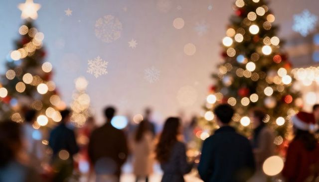 Blurry festive crowd admiring christmas trees with bokeh lights and falling snowflakes