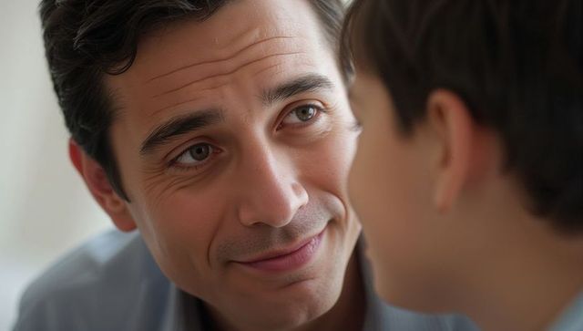 Smiling father leaning close to son, warm eye contact and tender family moment at home