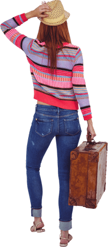 Hipster woman holding vintage suitcase on transparent background
