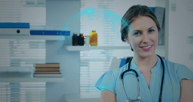 This image depicts a smiling female doctor in an office environment with a stethoscope around her neck, suggesting professional readiness and a welcoming presence. The presence of a medical hologram adds a touch of modern technology in healthcare. Ideal for use in medical websites, healthcare blogs, technology in medicine articles, or marketing materials promoting innovation in healthcare.