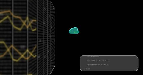 Dark datacenter server rack showing neon cloud icon and code panel on black background