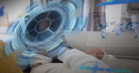 Relaxing woman on couch wearing white robe with futuristic hud waveform and world map