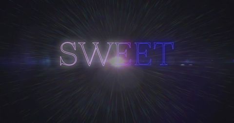 Neon sweet text glowing in cosmic void with lens flare, radial star rays, purple blue futuristic
