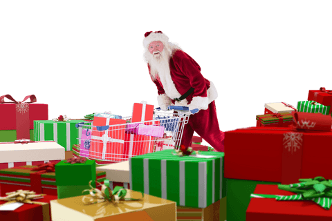 Santa Claus Shopping with Trolley and Gifts on Transparent Background