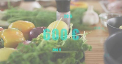 Displaying rustic herb bowl and colorful produce with cyan price overlay, closeup flatlay