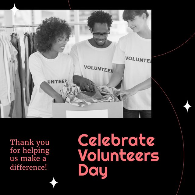 Composition of volunteer day text, black and white photo of diverse volunteers with donation box. International volunteer day and helping concept.