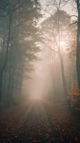 Sunlight Breaking Through Mist on Forest Path, Autumn Morning Vertical Video