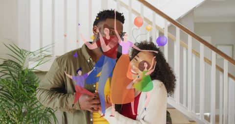 Joyful couple embracing abstract happiness illustration overlay