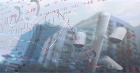 Urban surveillance and analytics concept with security cameras and trading graphs