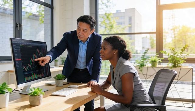 Executive guiding colleague through candlestick stock market analysis on monitor in modern office
