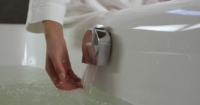 Hand checking water temperature in modern bathtub suggests themes of hygiene, cleanliness, and relaxation. Useful for articles, blogs, advertisements, or social media posts about home living, relaxation routines, bathroom cleanliness, spas, or personal care products.