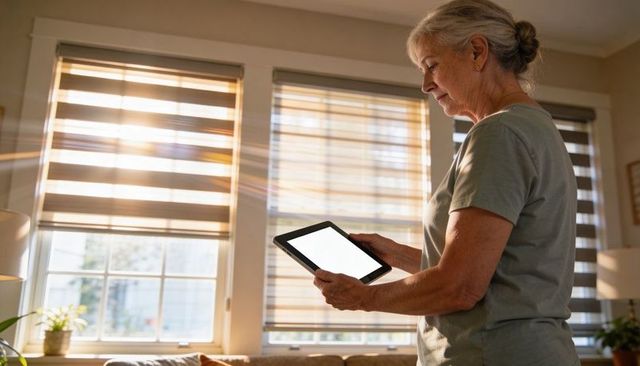 Sunlit senior woman using tablet in cozy living room with zebra blinds and natural light